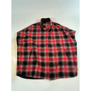 Eddie Bauer Wool Blend Cape Size Small Red Black Plaid Snap Front